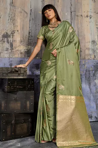 olive green satin weaving silk blend saree
