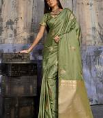 olive green satin weaving silk blend saree