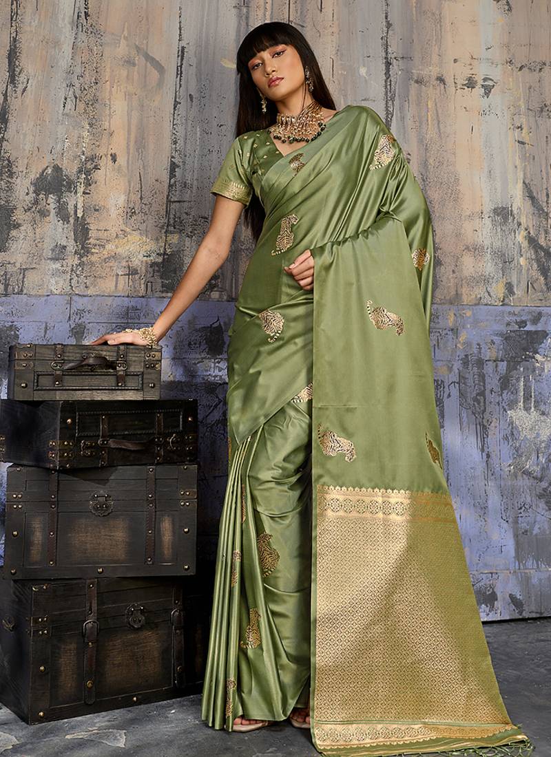 olive green satin weaving silk blend saree