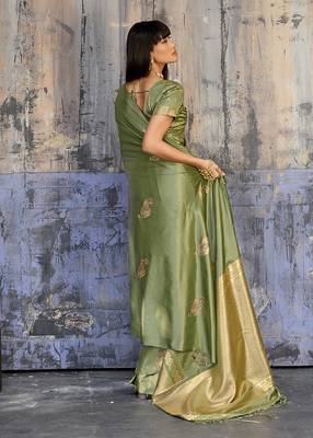 olive green satin weaving silk blend saree 2