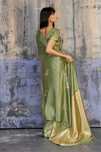 olive green satin weaving silk blend saree