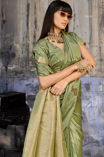 olive green satin weaving silk blend saree