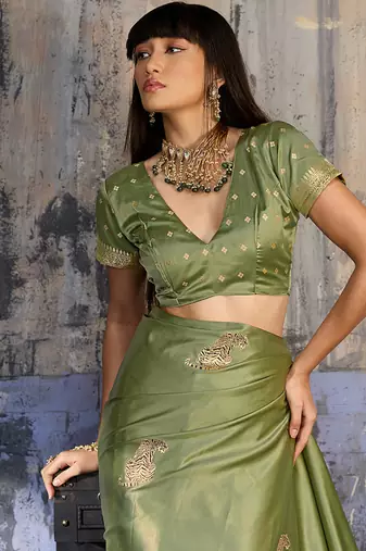 olive green satin weaving silk blend saree