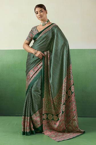 green faux satin printed saree