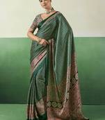 green faux satin printed saree