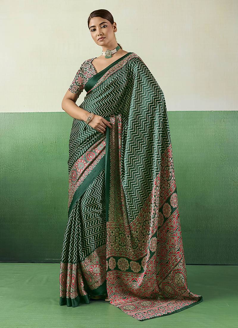 green faux satin printed saree