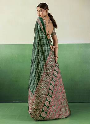 green faux satin printed saree 2