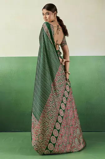 green faux satin printed saree