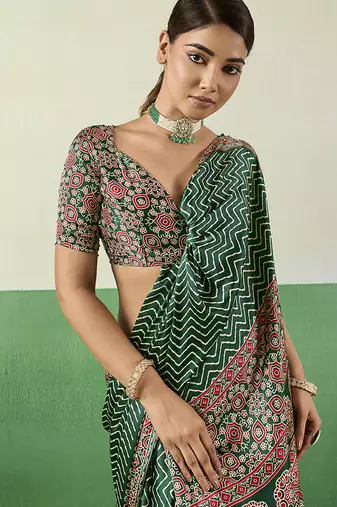 green faux satin printed saree