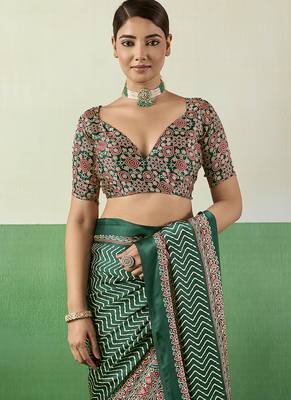 green faux satin printed saree 4