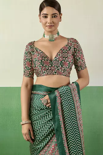 green faux satin printed saree