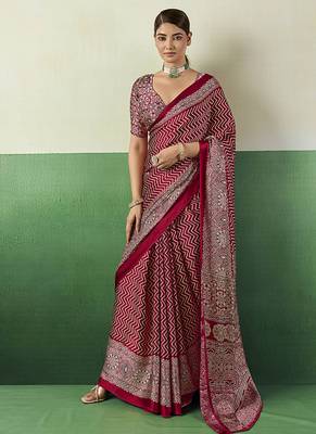 maroon faux satin printed saree 1