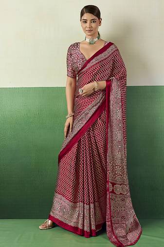 maroon faux satin printed saree