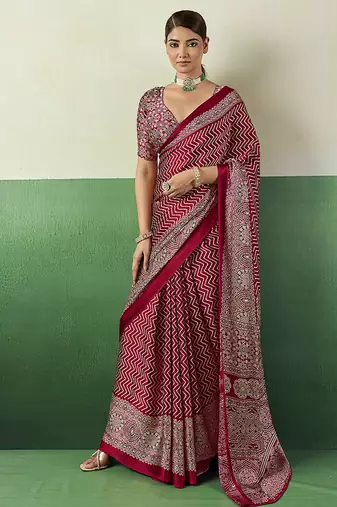 maroon faux satin printed saree