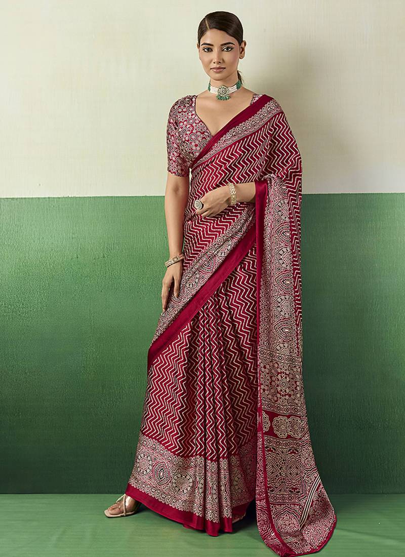 maroon faux satin printed saree