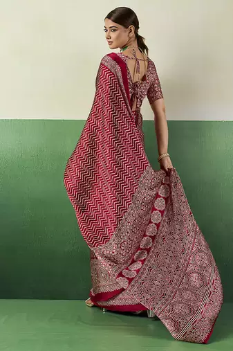 maroon faux satin printed saree