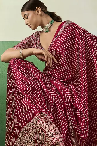 maroon faux satin printed saree