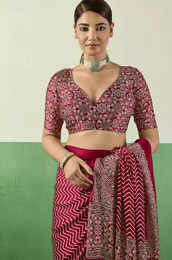 maroon faux satin printed saree