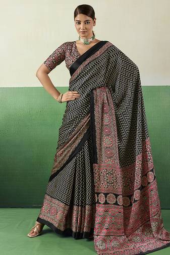 black faux satin printed saree