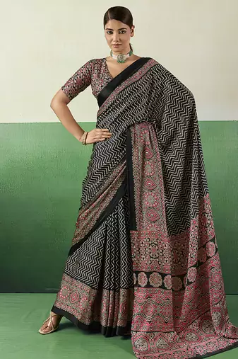 black faux satin printed saree