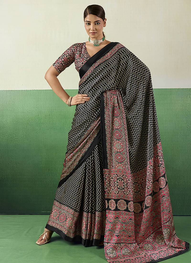 black faux satin printed saree