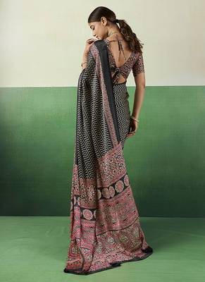 black faux satin printed saree 2