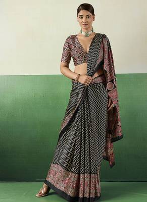 black faux satin printed saree 3