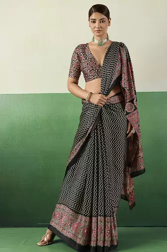 black faux satin printed saree