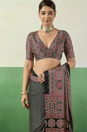black faux satin printed saree