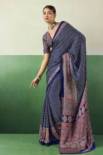 navy blue faux satin printed saree