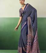navy blue faux satin printed saree
