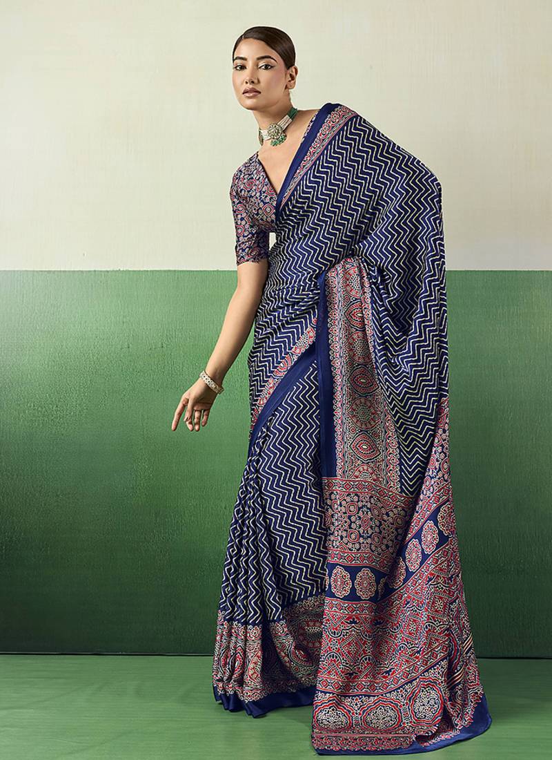 navy blue faux satin printed saree