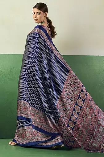 navy blue faux satin printed saree
