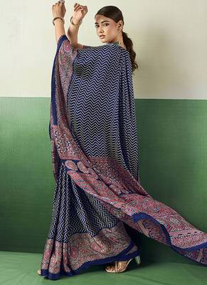 navy blue faux satin printed saree 3