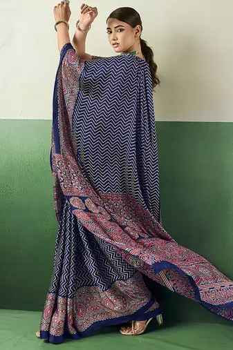 navy blue faux satin printed saree
