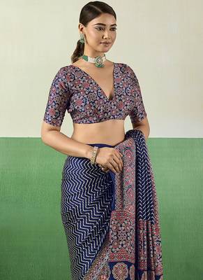 navy blue faux satin printed saree 4