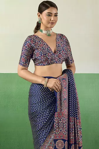 navy blue faux satin printed saree