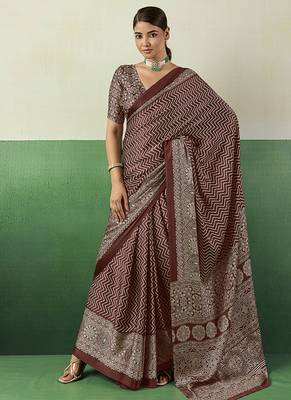 brown faux satin printed saree 1
