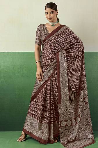 brown faux satin printed saree