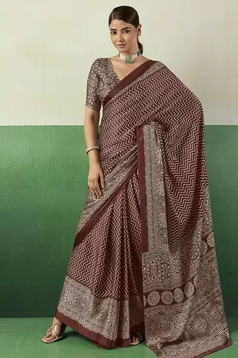 brown faux satin printed saree
