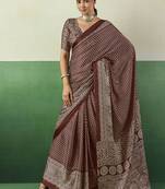 brown faux satin printed saree