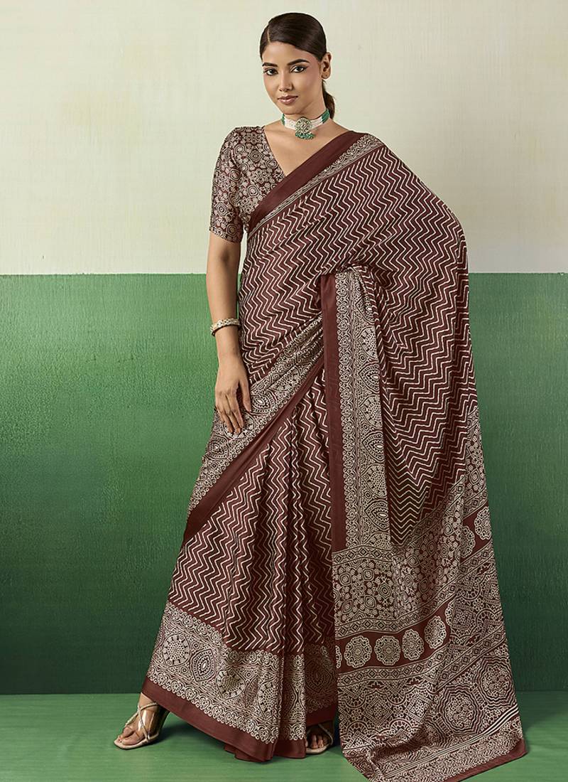 brown faux satin printed saree