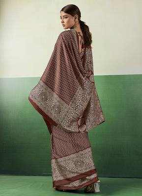 brown faux satin printed saree 2