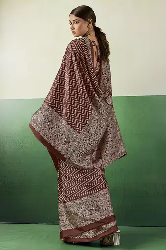brown faux satin printed saree