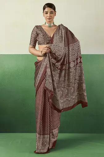 brown faux satin printed saree