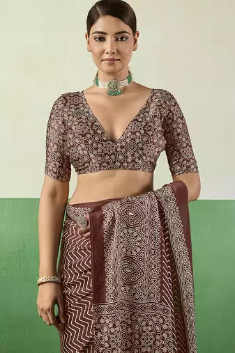 brown faux satin printed saree