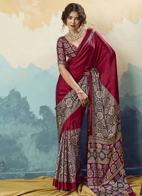 red faux satin printed saree 1