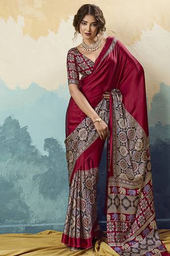 red faux satin printed saree