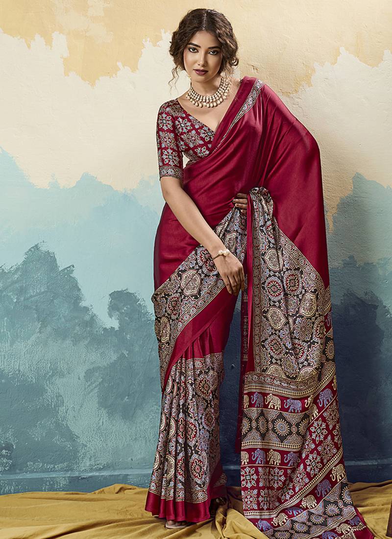 red faux satin printed saree