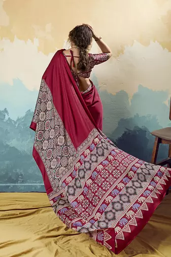 red faux satin printed saree